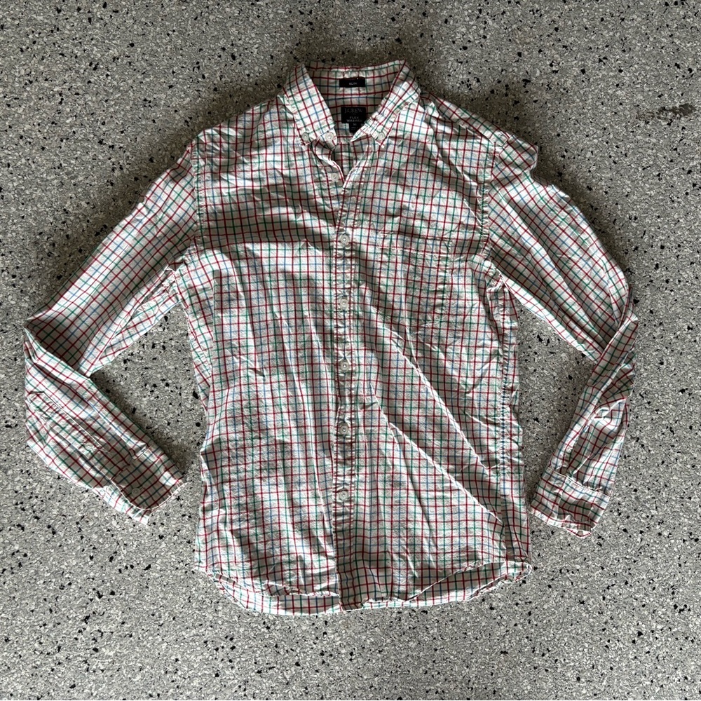 J. Crew Cream Button-Down Shirt with Red, Blue & Green Plaid